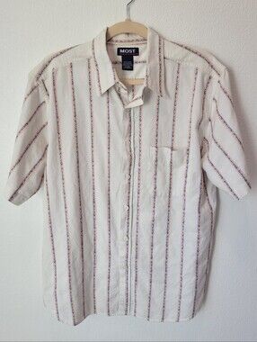 Vintage Most Mens L Cotton Striped Button Up Shirt Boho Beachy Short Sleeve